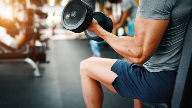 Muscular man lifting weights at the gym