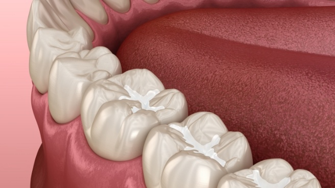 Illustrated row of teeth with dental sealants