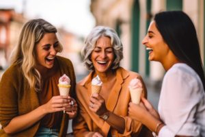 3 people laughing and eating ice cream cones