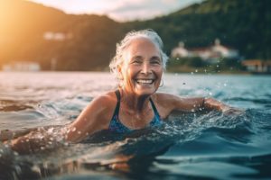 a smiling woman swimming in the ocean