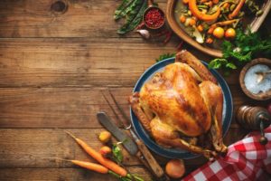 a table with a Thanksgiving turkey on it