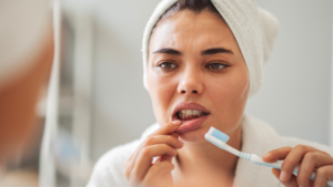 a woman looking in a bathroom mirror at a tooth while holding a toothbrush